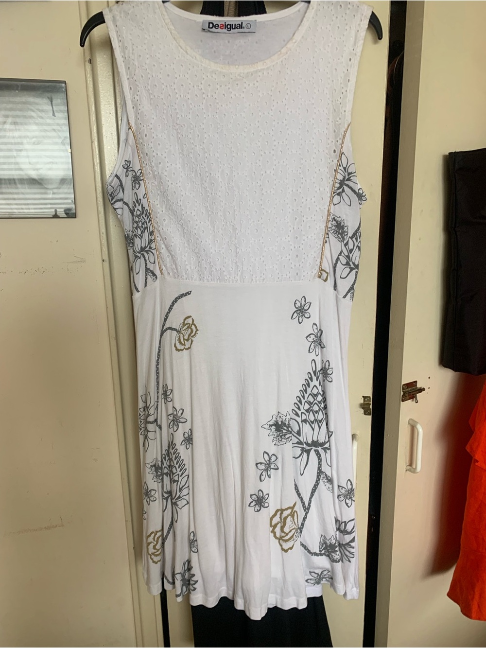 Desigual White Sleeveless Floral Eyelet Dress with Gray and Gold Accents